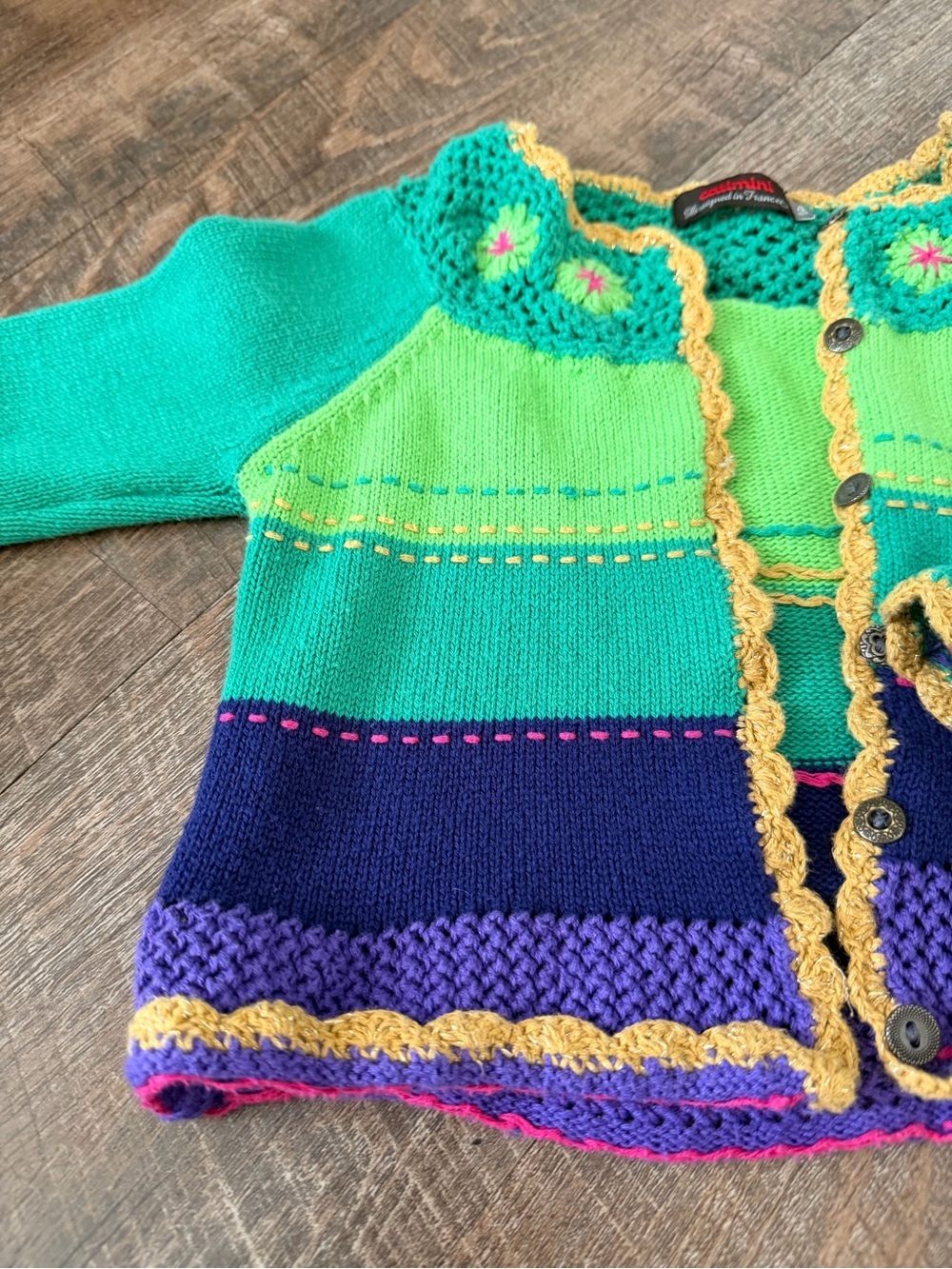 Catimini Green, Teal & Yellow Crochet-Trim Cardigan - Picture 3 of 9